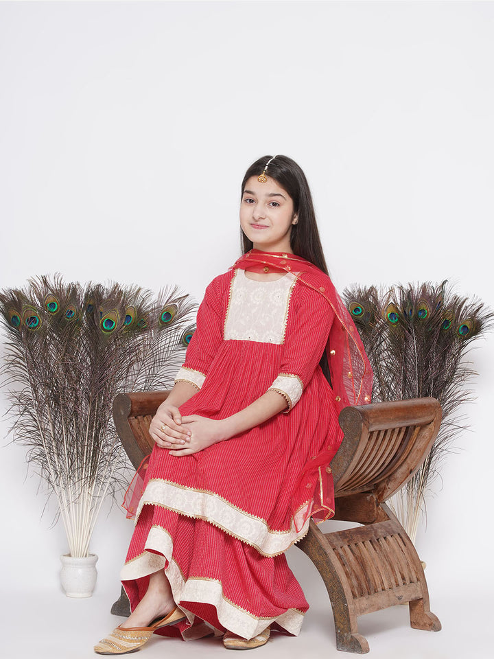 Floral Thread work Frock Style Kurta and Sharara with Dupatta - Red - Little Bansi