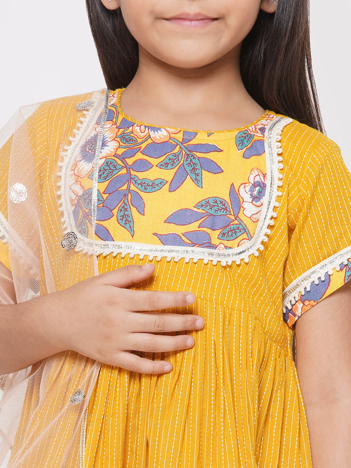 Floral Frock Style Kurta with Lace work & Sharara with Dupatta - Yellow - Little Bansi