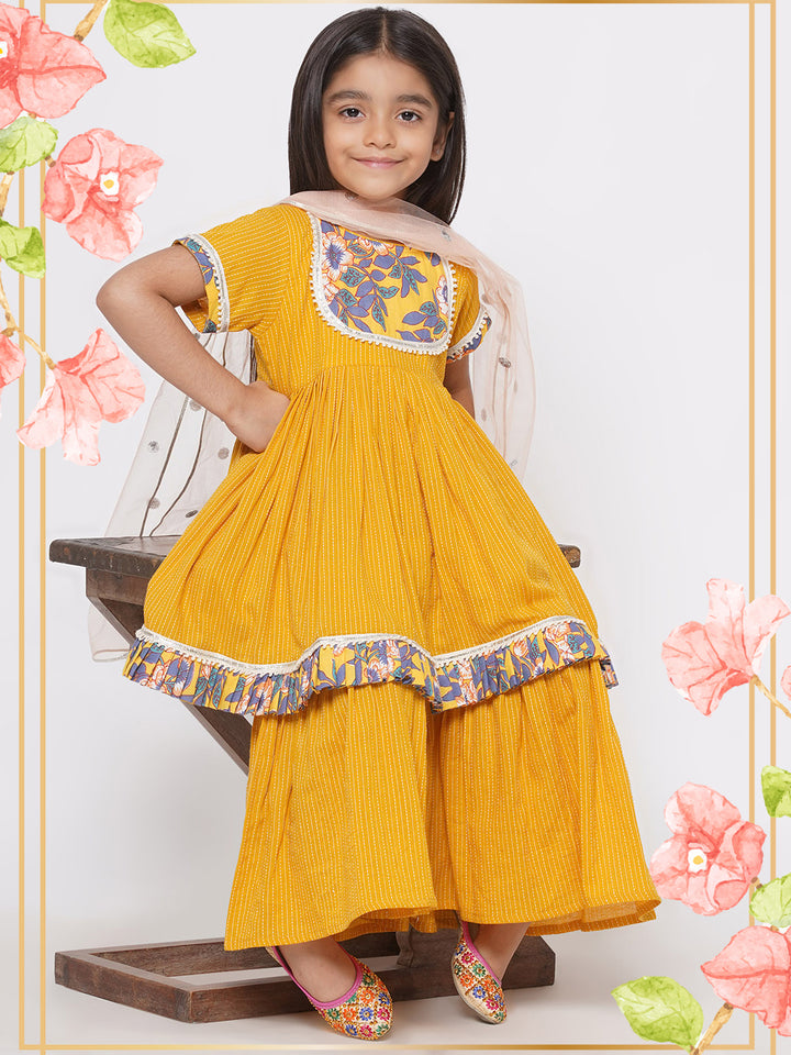 Floral Frock Style Kurta with Lace work & Sharara with Dupatta - Yellow - Little Bansi