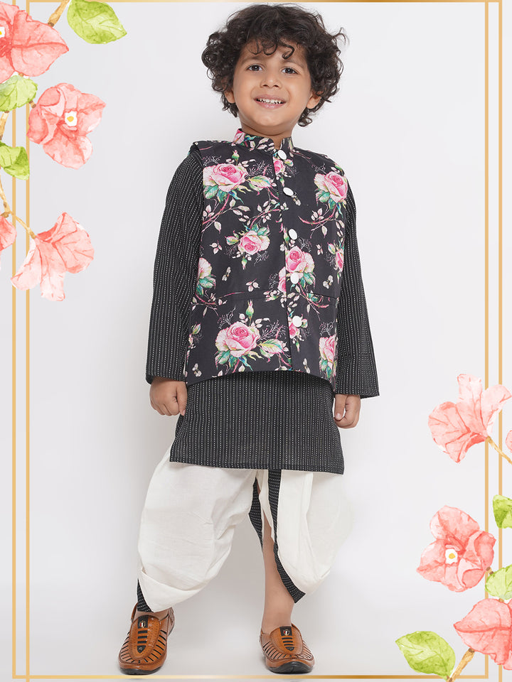 Thread work Kurta with Rose Jacket and Dhoti - Black - Little Bansi