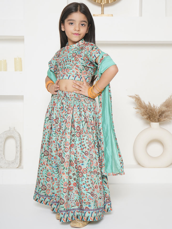 Girls Floral print Blouse and Floral Lehenga with Dupatta - Green - Little Bansi