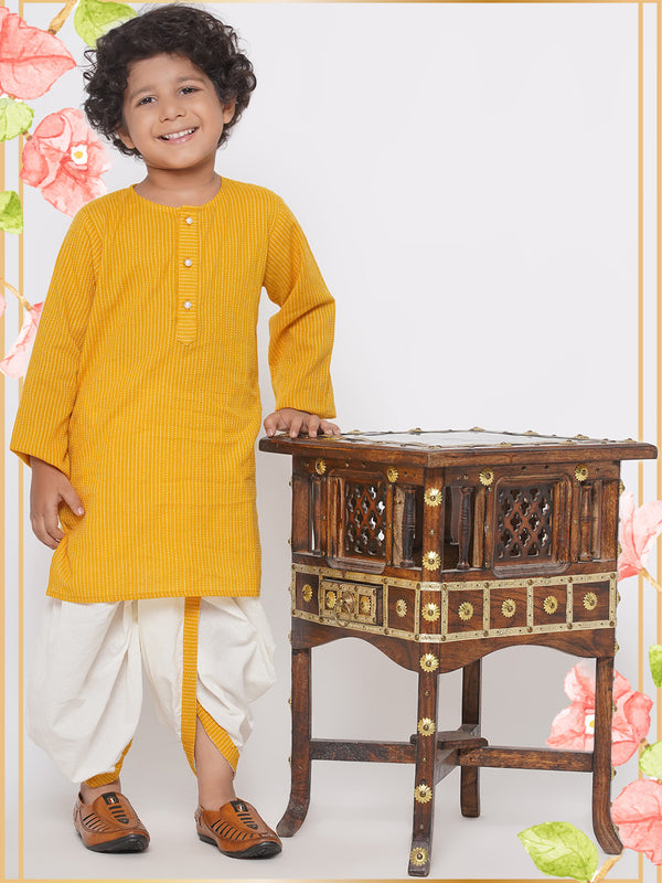 Thread Work Kurta with Pearl buttons & Dhoti - Mustard Yellow - Little Bansi