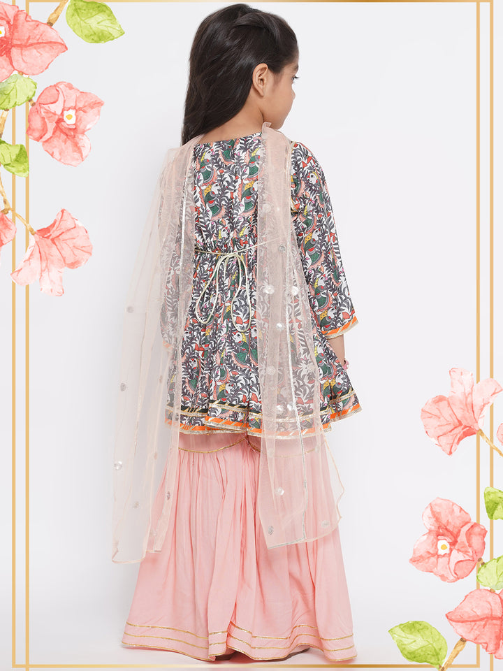 Bird Print Angrakha with Sharara & Dupatta with Ghungroo work - Peach - Little Bansi
