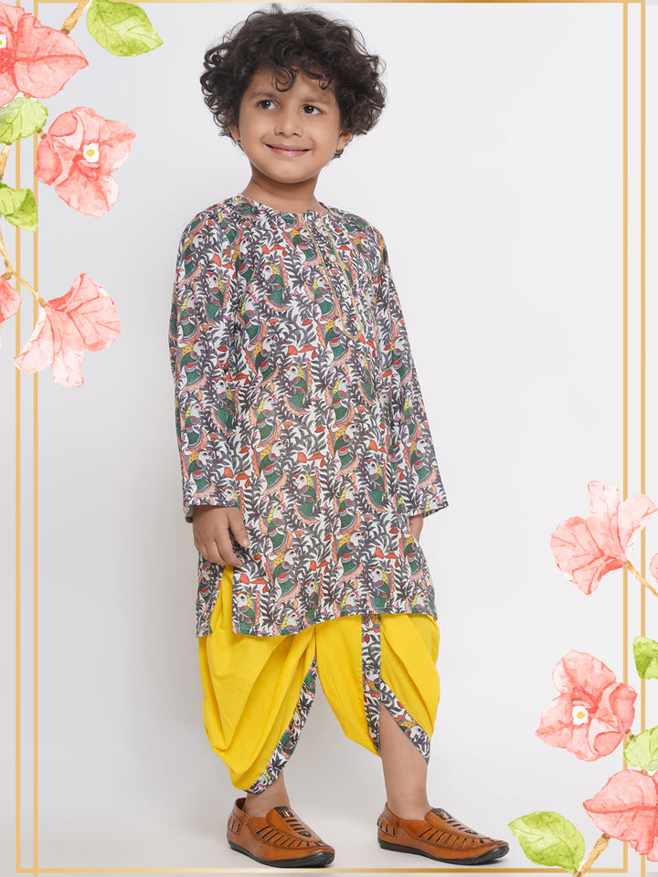 Jaipuri Bird Print Kurta with Dhoti - Peach and Yellow - Little Bansi