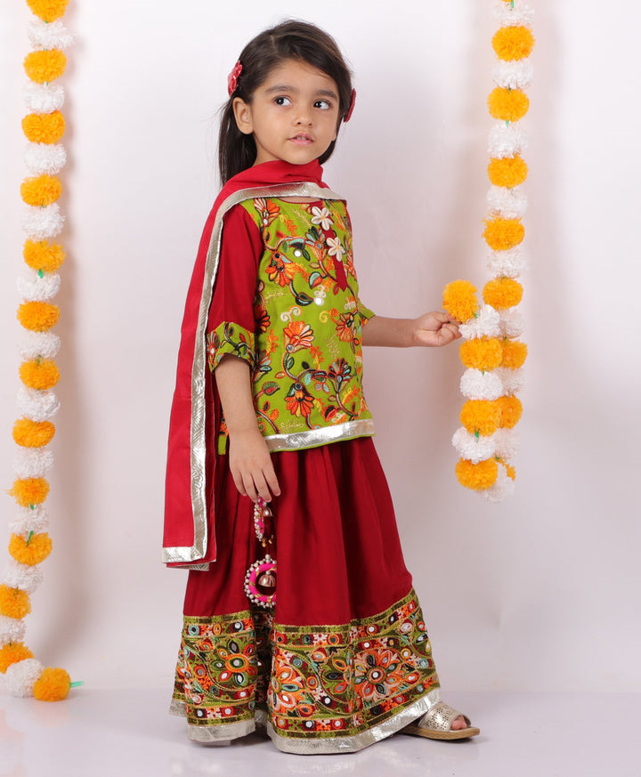 Girls Floral Embroidery Kurta with Mirror Work Lehenga and Dupatta - Maroon - Little Bansi