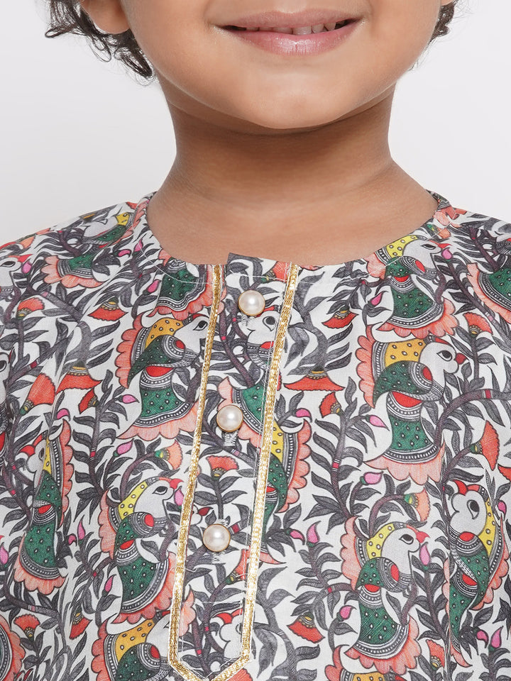 Jaipuri Bird Print Kurta with Dhoti - Peach and Yellow - Little Bansi