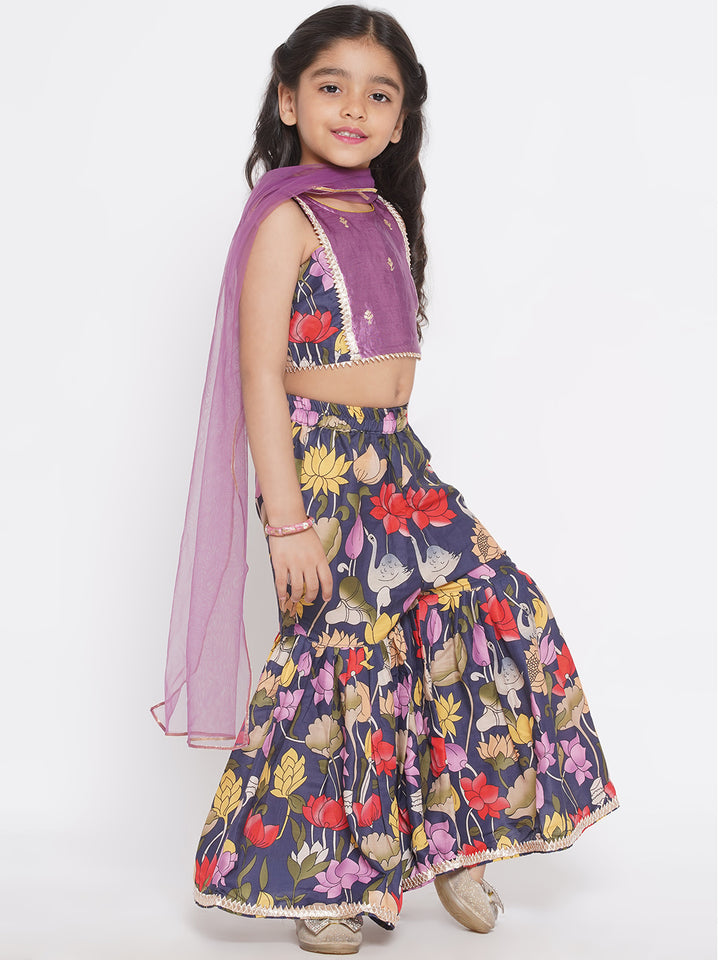 Indowestern Top with Floral Shararara and Dupatta -Purple - Little Bansi