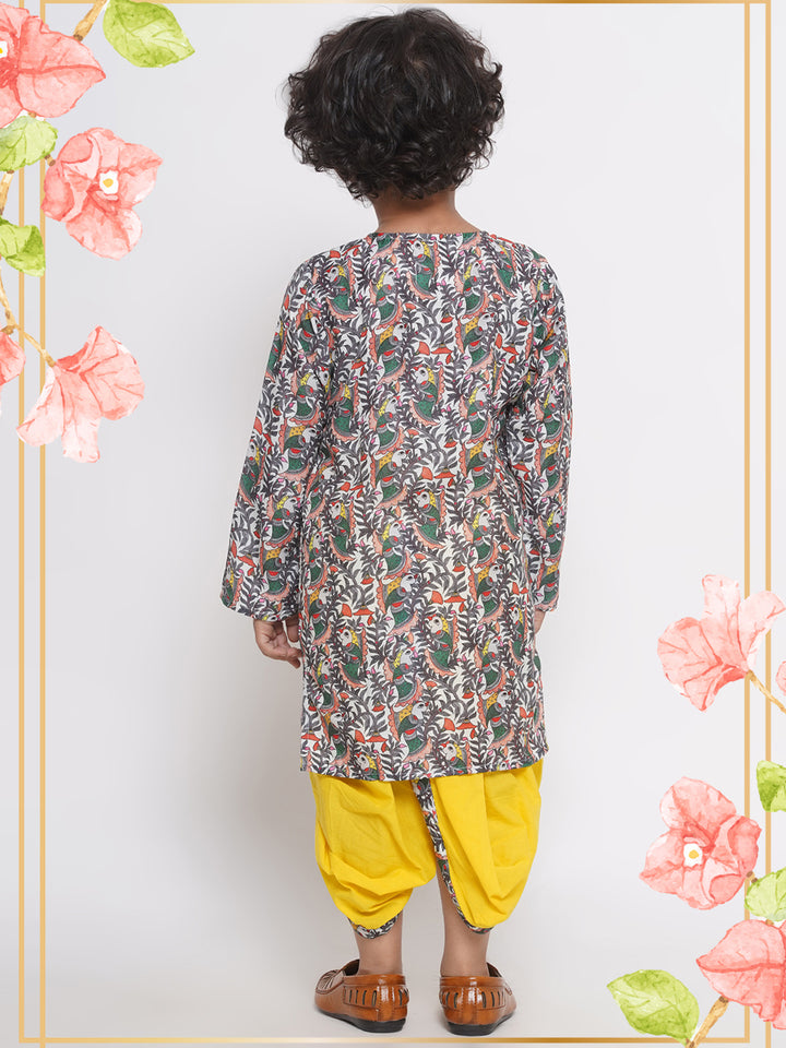 Jaipuri Bird Print Kurta with Dhoti - Peach and Yellow - Little Bansi