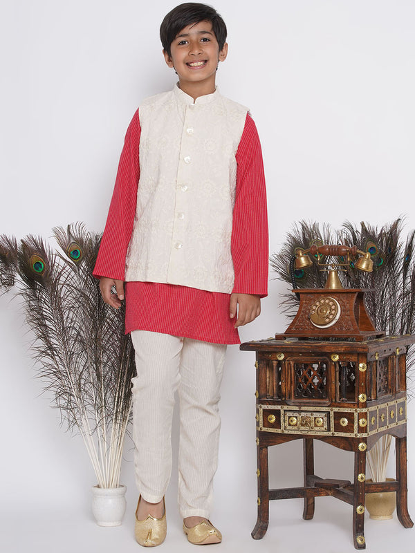 Jaipuri thread work Kurta with Floral Embroidery Jacket and Pyjama - Red & Cream - Little Bansi