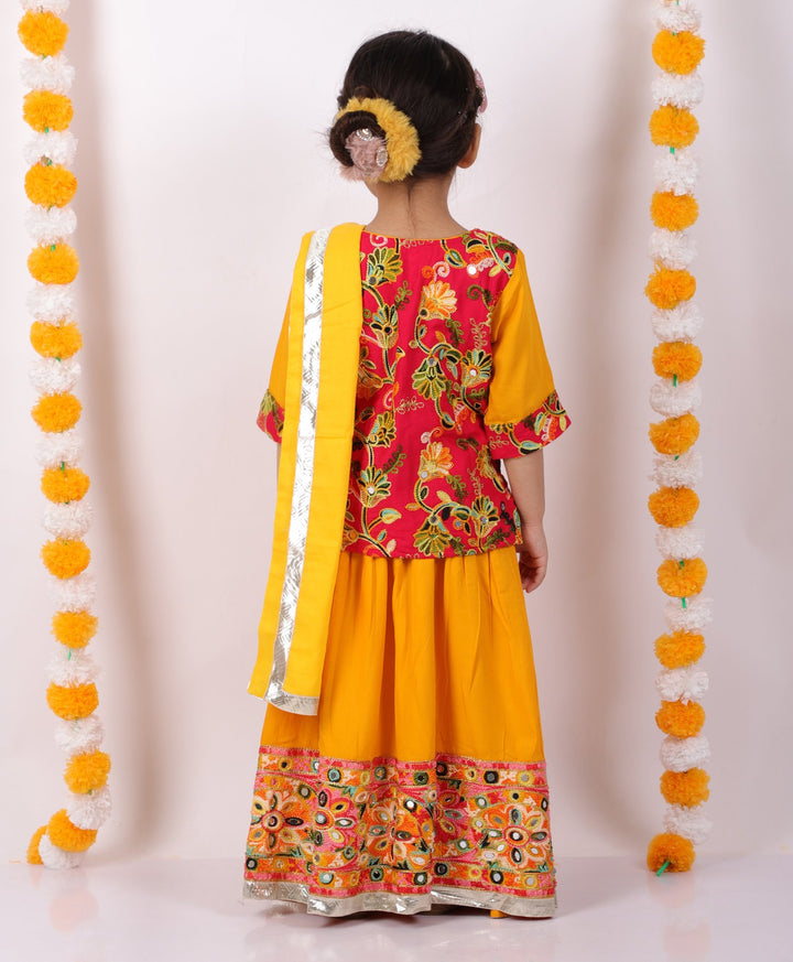 Girls Floral Embroidery Kurta with Mirror Work Lehenga & Dupatta -Yellow and Red - Little Bansi