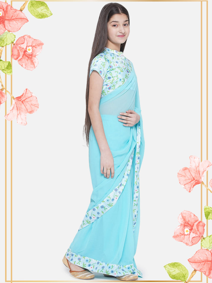 Floral Bush print Blouse with Ready to Wear Blue Saree - Little Bansi