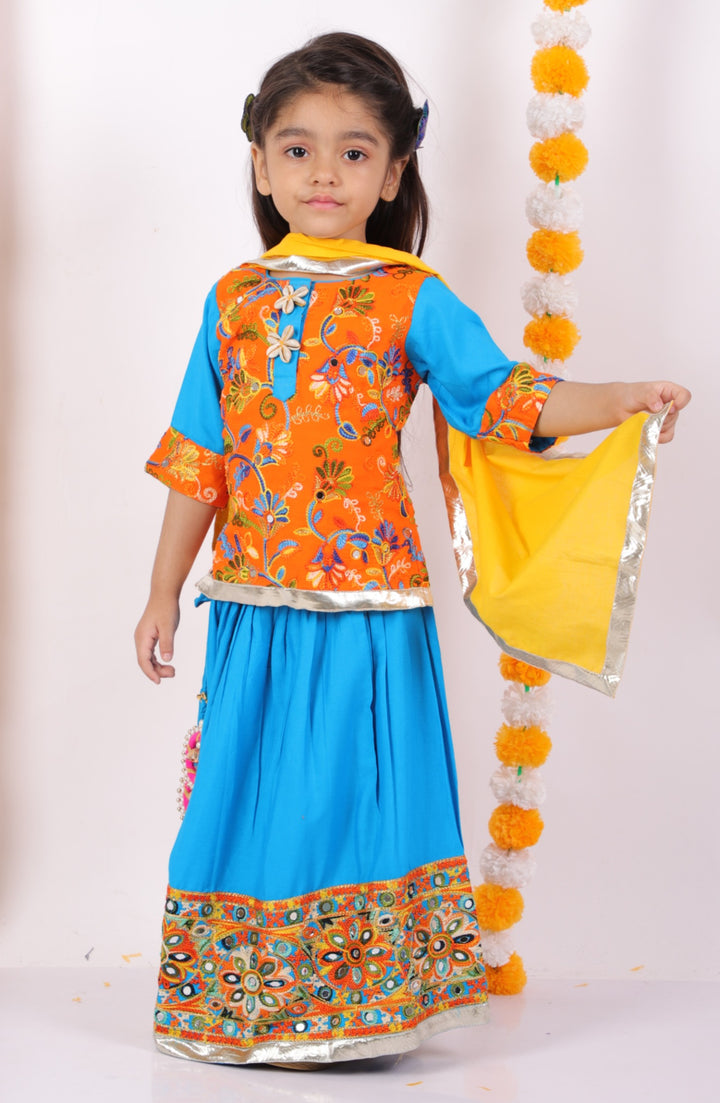 Girls Floral Embroidery Kurta with Mirror Work Lehenga & Dupatta - Orange & Blue - Little Bansi