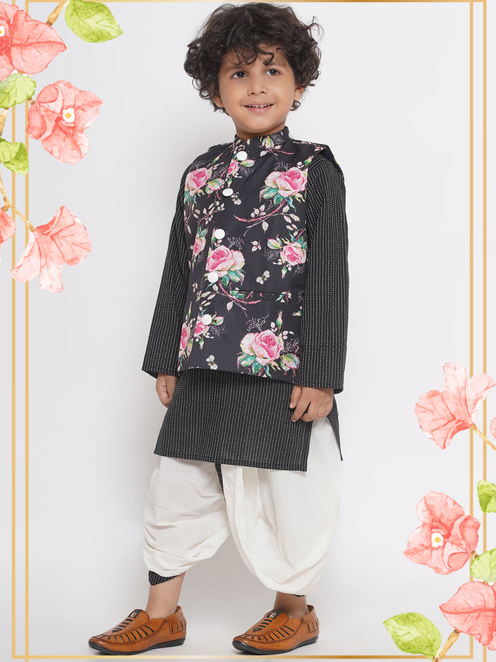 Thread work Kurta with Rose Jacket and Dhoti - Black - Little Bansi