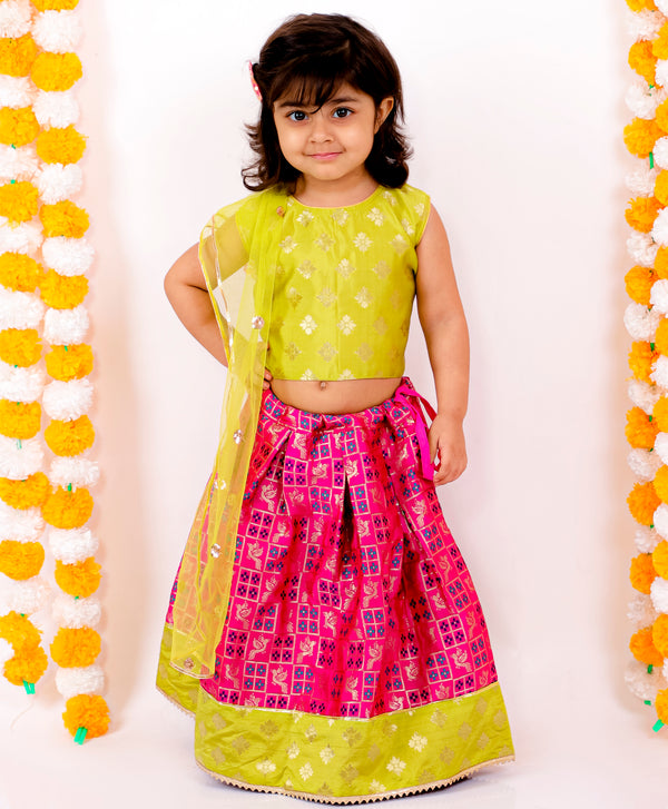 Girls Sleeveless Floral Design Choli With Lehenga & Dupatta - Green & Pink - Little Bansi