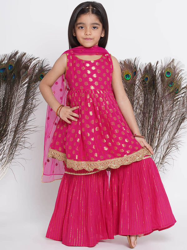 Banarsi Floral Frock Style Kurta with Gold Strip Sharara & Dupatta - Hot Pink - Little Bansi