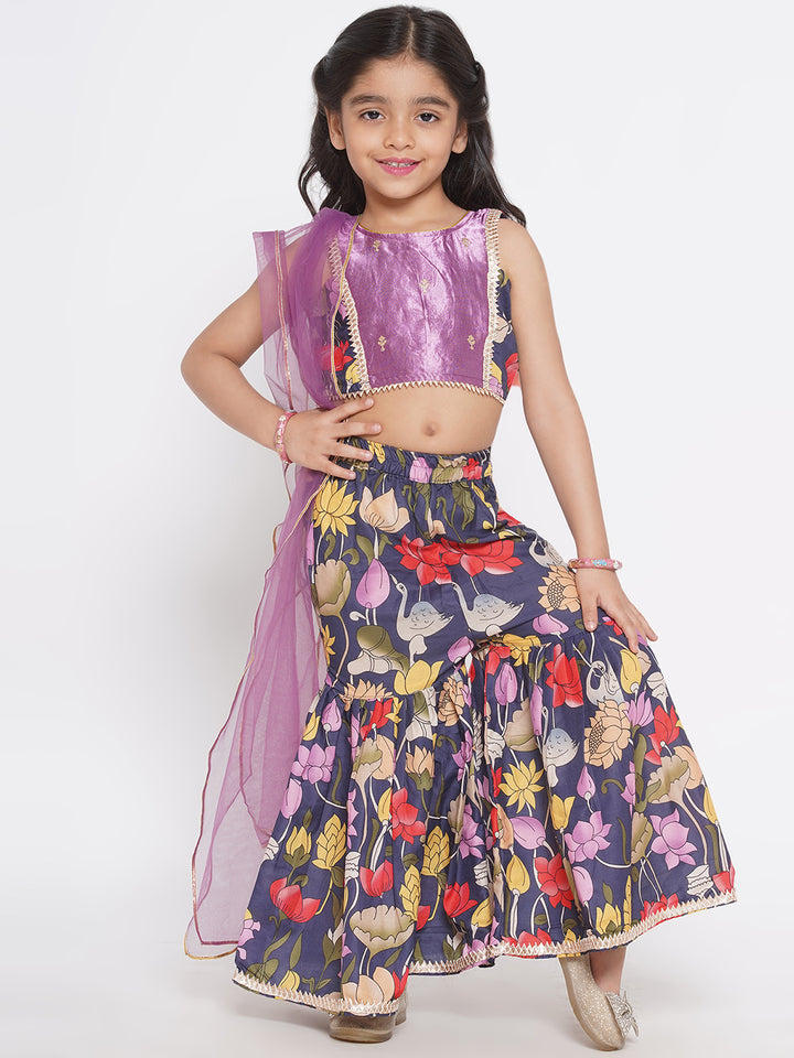Indowestern Top with Floral Shararara and Dupatta -Purple - Little Bansi