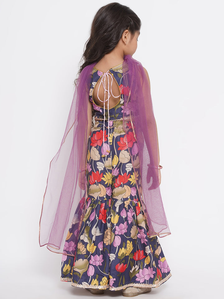 Indowestern Top with Floral Shararara and Dupatta -Purple - Little Bansi