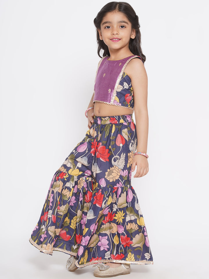Indowestern Top with Floral Shararara and Dupatta -Purple - Little Bansi