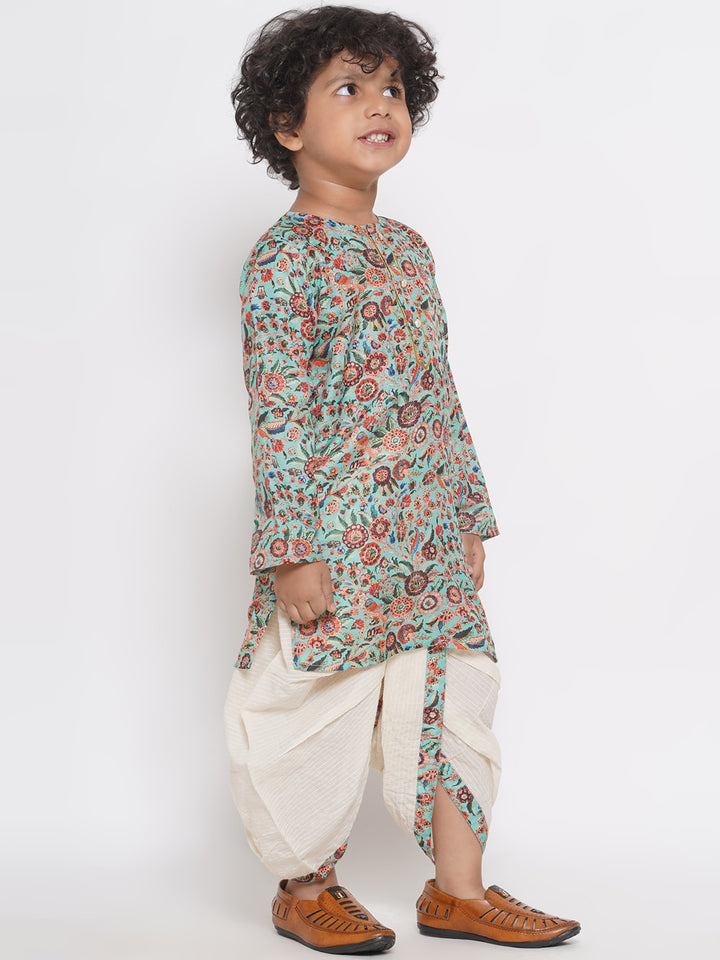 Boys Floral Print Kurta with Pearl Button & Thread work Dhoti - Green & Cream - Little Bansi