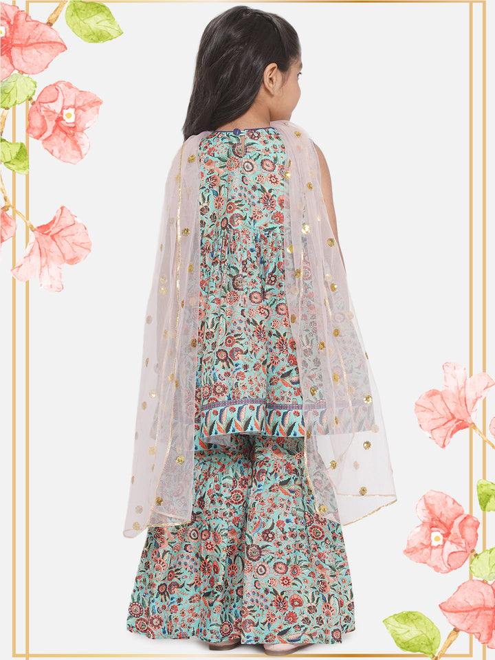 Floral Kurta with Ghera wala Sharara and Dupatta - Green - Little Bansi