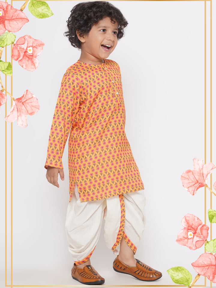 Jaipuri Floral Print Pure Kurta with Dhoti - Yellow - Little Bansi