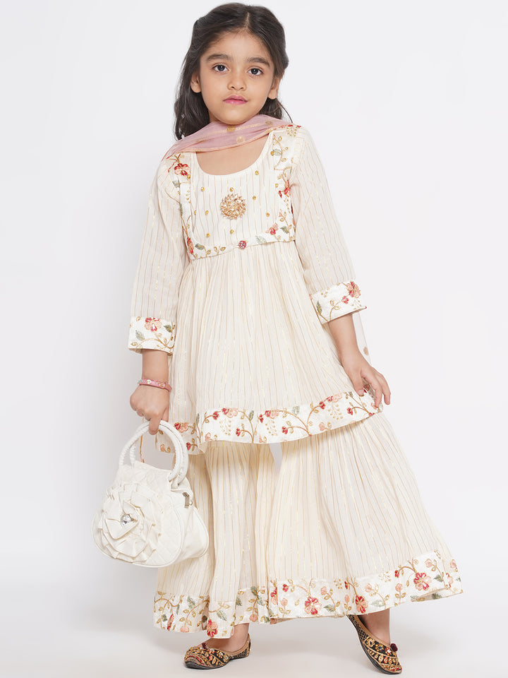 Floral Embroidery Jacket with Gold Strip Frock with Sharara & Dupatta - Cream - Little Bansi