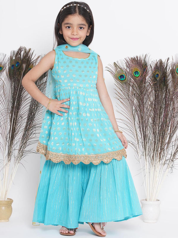 Banarsi Floral Frock Style Kurta with Golden Striped Sharara & Dupatta- Blue - Little Bansi