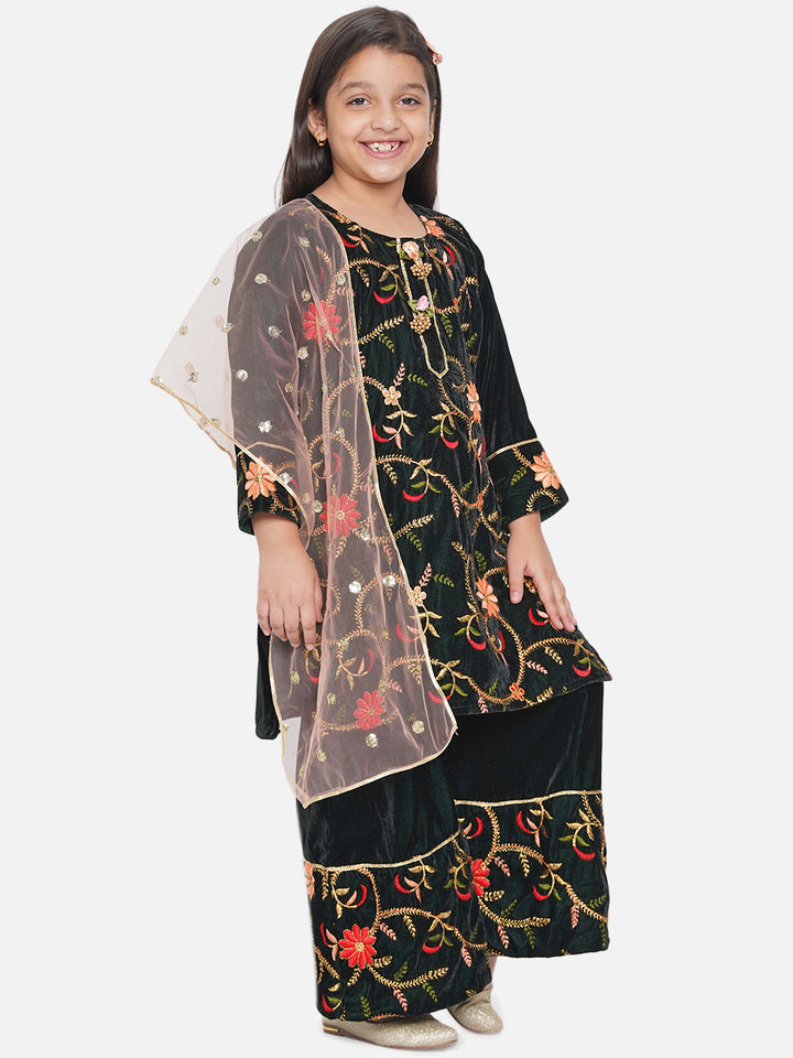 Girls Floral Embrodiery Velvet Kurta Plazzo in Mehendi Green - Little Bansi