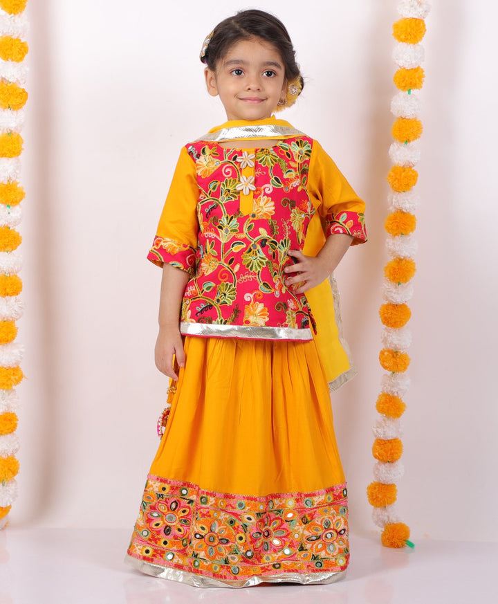 Girls Floral Embroidery Kurta with Mirror Work Lehenga & Dupatta -Yellow and Red - Little Bansi