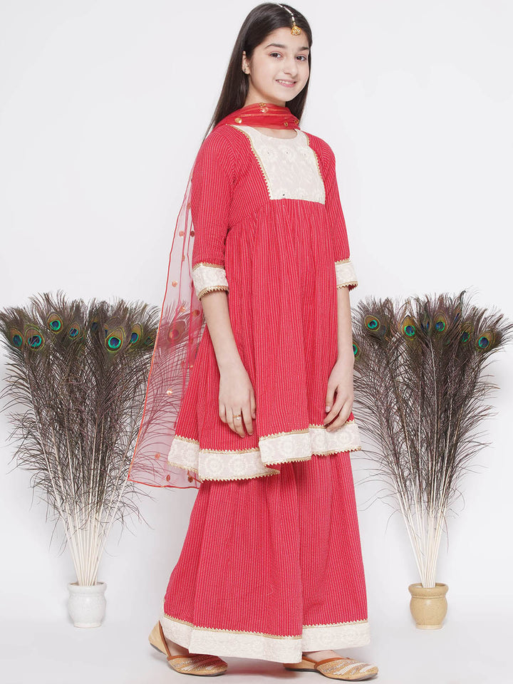 Floral Thread work Frock Style Kurta and Sharara with Dupatta - Red - Little Bansi