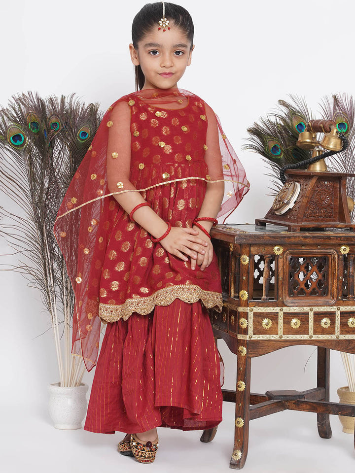 Banarsi Floral Frock Style Kurta with Gold Strip Sharara & Dupatta - Maroon - Little Bansi