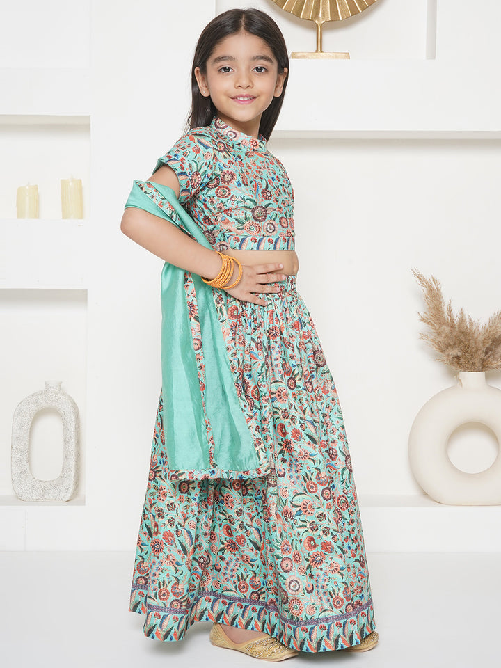 Girls Floral print Blouse and Floral Lehenga with Dupatta - Green - Little Bansi