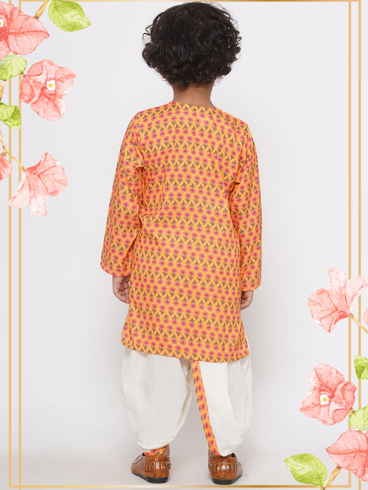Jaipuri Floral Print Pure Kurta with Dhoti - Yellow - Little Bansi