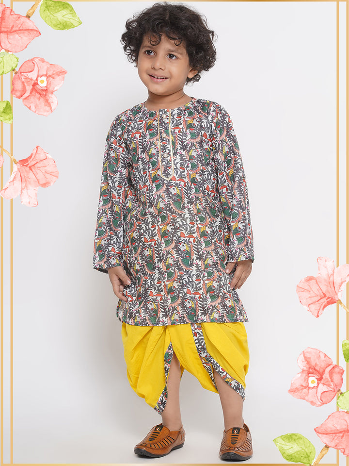 Jaipuri Bird Print Kurta with Dhoti - Peach and Yellow - Little Bansi