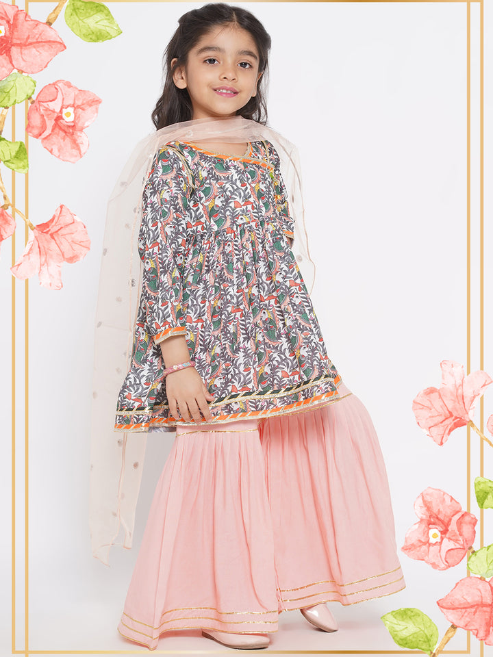 Bird Print Angrakha with Sharara & Dupatta with Ghungroo work - Peach - Little Bansi