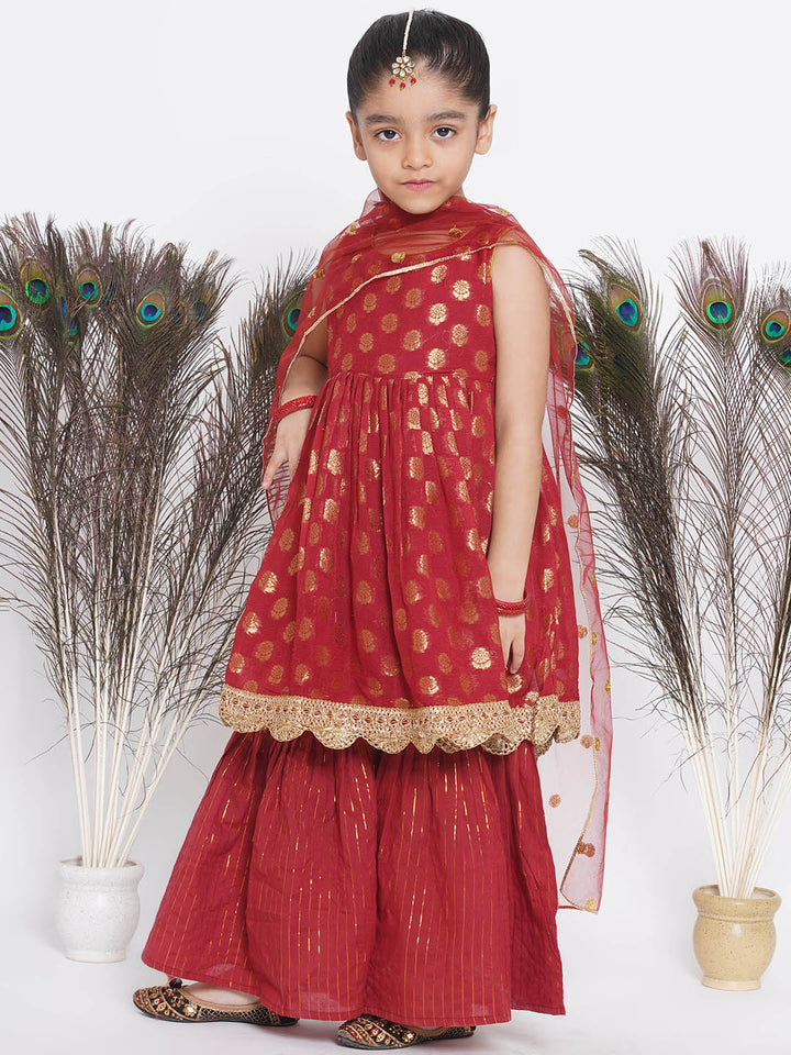 Banarsi Floral Frock Style Kurta with Gold Strip Sharara & Dupatta - Maroon - Little Bansi