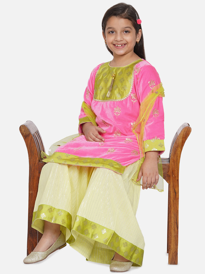 Girls Velvet Kurta in Pink with Yellow sharara - Little Bansi
