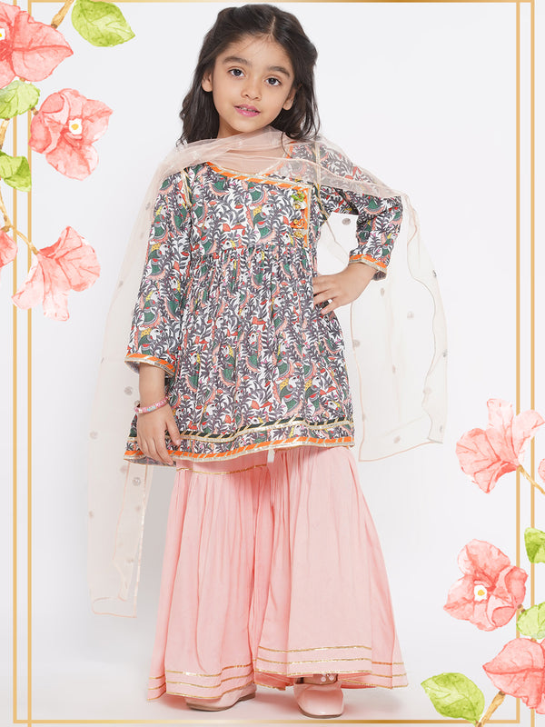 Bird Print Angrakha with Sharara & Dupatta with Ghungroo work - Peach - Little Bansi