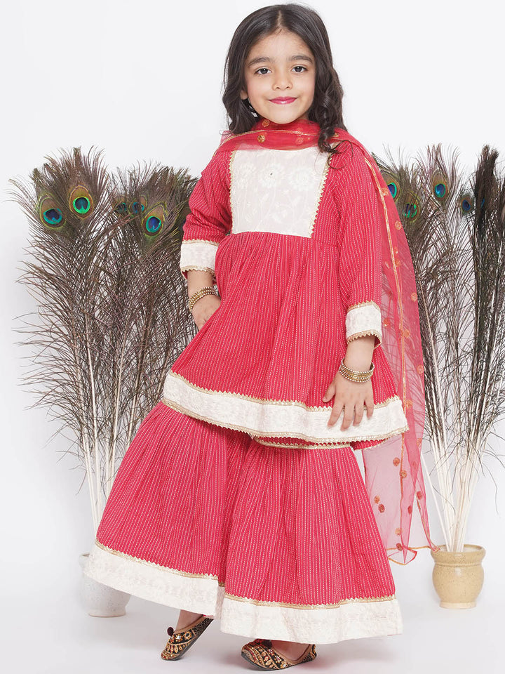 Floral Thread work Frock Style Kurta and Sharara with Dupatta - Red - Little Bansi
