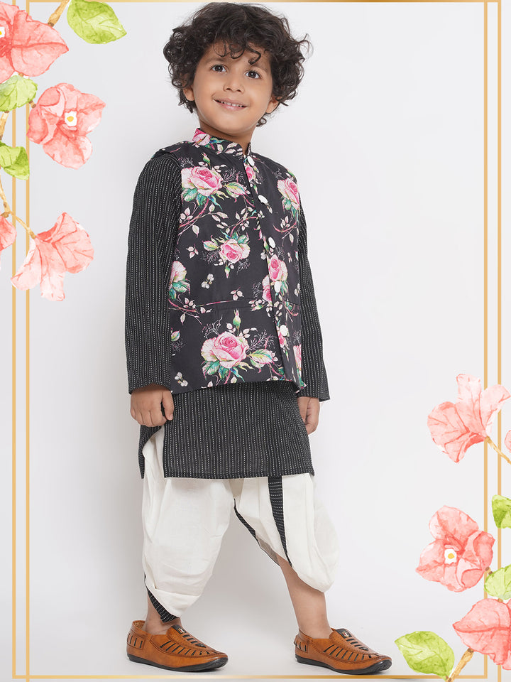 Thread work Kurta with Rose Jacket and Dhoti - Black - Little Bansi