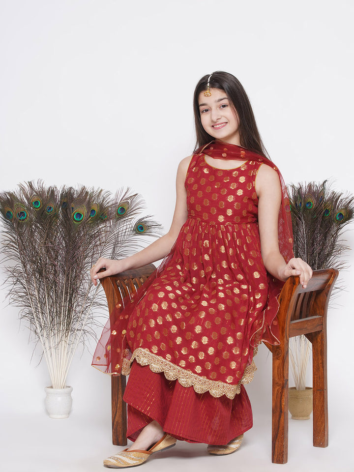 Banarsi Floral Frock Style Kurta with Gold Strip Sharara & Dupatta - Maroon - Little Bansi