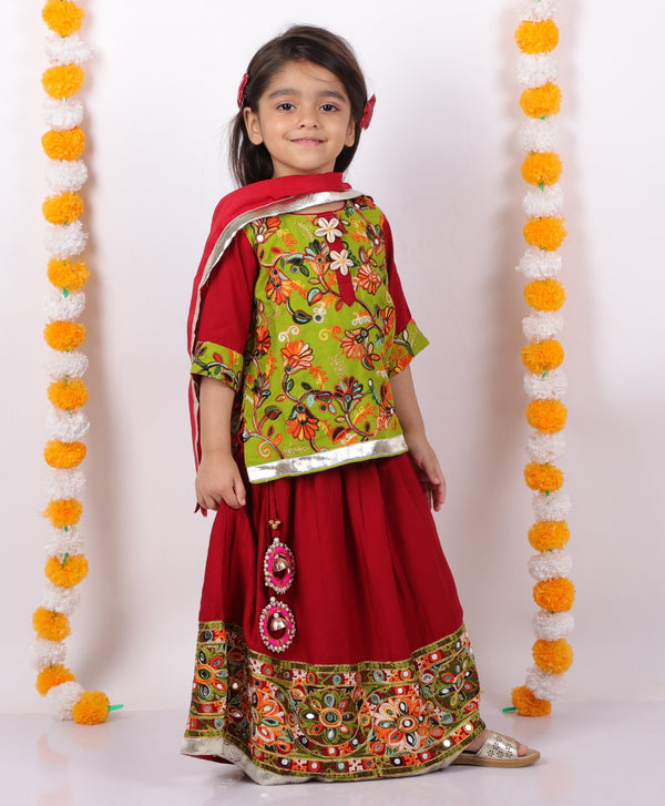 Girls Floral Embroidery Kurta with Mirror Work Lehenga and Dupatta - Maroon - Little Bansi