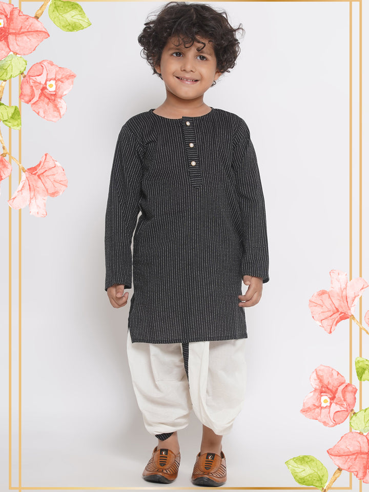 Thread work Kurta with Rose Jacket and Dhoti - Black - Little Bansi