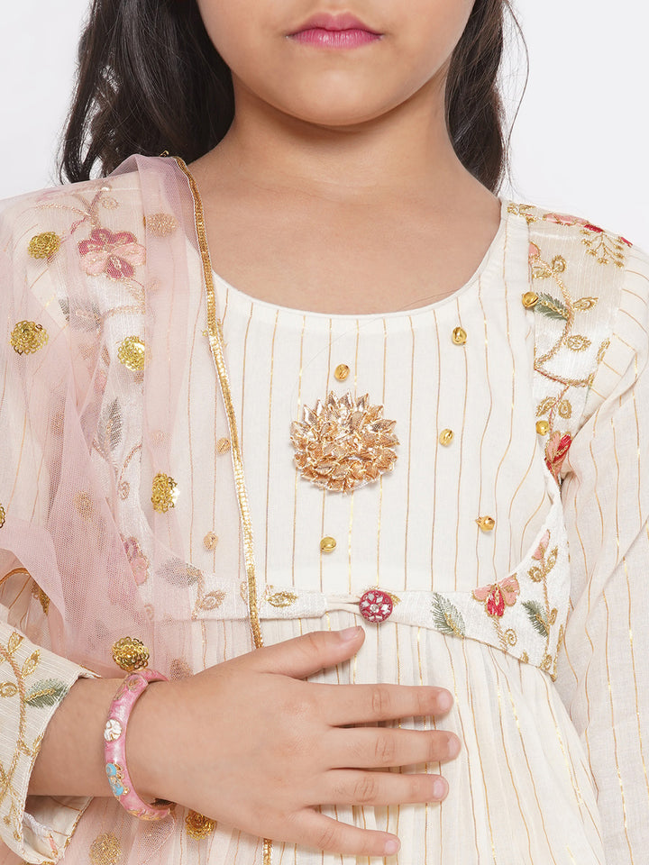 Floral Embroidery Jacket with Gold Strip Frock with Sharara & Dupatta - Cream - Little Bansi
