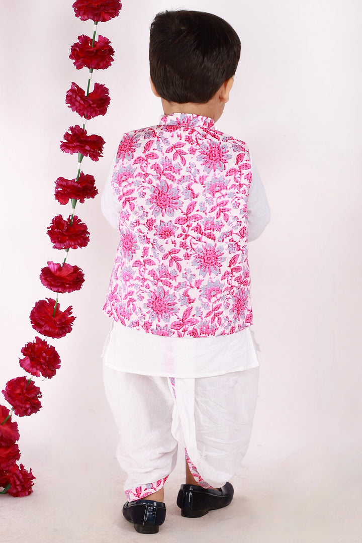 Boys Floral Jacket with White Kurta & Dhoti in Pink & White - Little Bansi