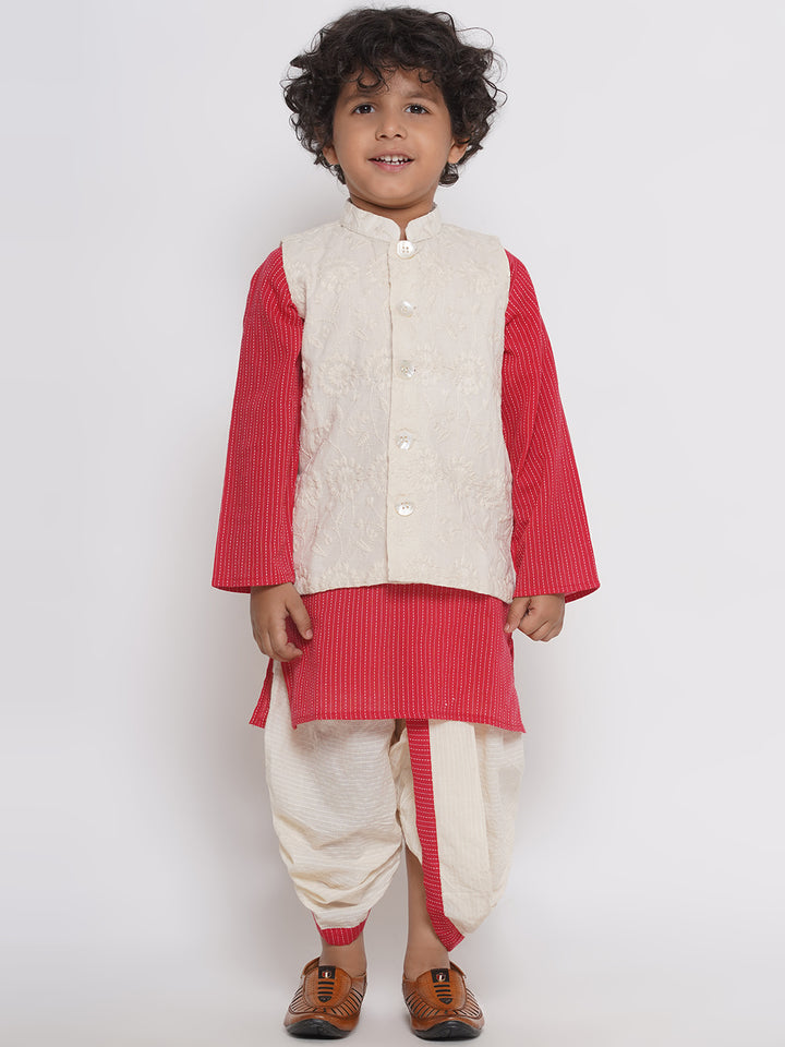 Jaipuri thread work Kurta with Floral Embroidery Jacket and Dhoti - Red & Cream - Little Bansi
