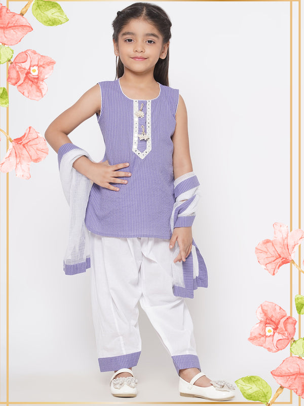 Thread work Kurta with Patiala Salwar & Kota Doria Dupatta - Plum - Little Bansi