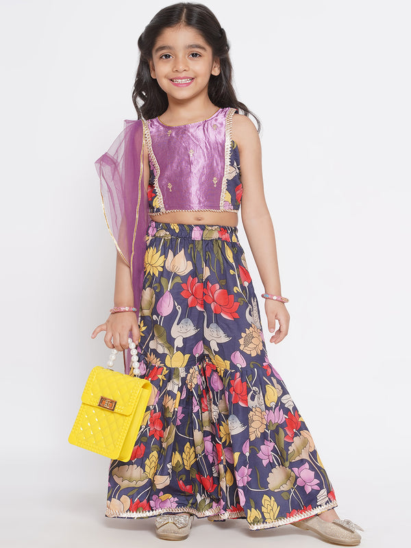 Indowestern Top with Floral Shararara and Dupatta -Purple - Little Bansi
