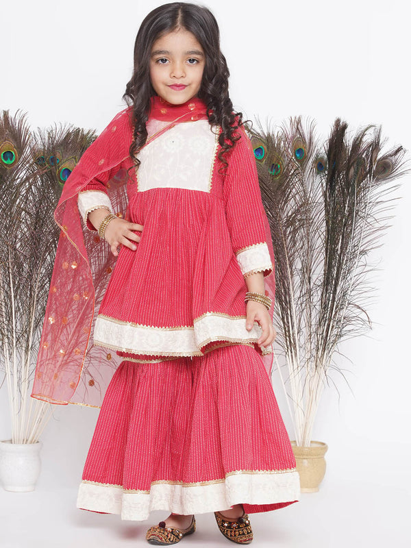 Floral Thread work Frock Style Kurta and Sharara with Dupatta - Red - Little Bansi