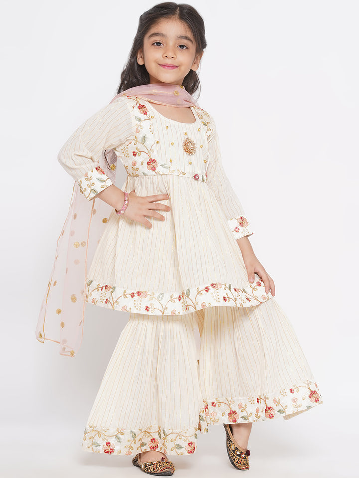 Floral Embroidery Jacket with Gold Strip Frock with Sharara & Dupatta - Cream - Little Bansi